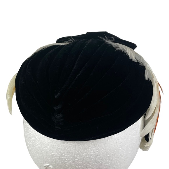 Vintage Flapper Casque Pheasant Feather Black Velvet Hat Cap Lace Lined La Vogue main image 12